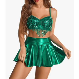 Avidlove Rave Outfits for Women Sequin Fringe Outfits Cosplay Lingerie 3pack Costume Set with Metallic Skirt Small