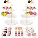 Hoedia 10 Pcs Cake Stand, Plastic Dessert Table Display Set, 4 Pcs 3 Tier Cupcake Stand Tower Holder and 6 Pcs Serving Tray for Tea Party Baby Shower Decorations, Round Wave