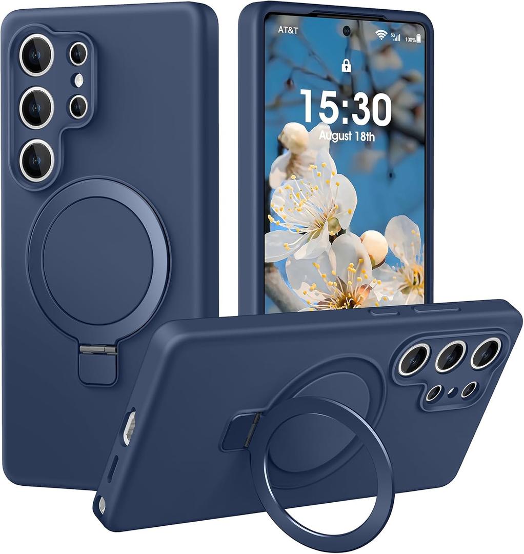 Liquid Silicone Case for Samsung Galaxy S25 Ultra with Magnetic Stand, Mil-Grade Drop Shockproof, Full Camera Protection Anti-Scratch Microfiber Lining Silicone Phone case, Dark Blue