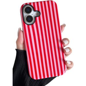Longlayss Compatible with iPhone 17 Case Cute Aesthetic Striped Phone Case for Women Girl Shockproof Slim TPU and Hard PC Protective Cover (Pink and Red)