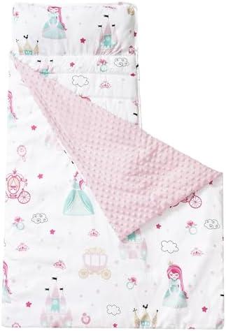 david's kids Toddler Nap Mat with Removable Pillow and Minky Fleece Blanket, Ultra Soft Slumber Bags for Girls, Perfect for Preschool, Daycare, Kids Sleeping Bags with Rollup Design, 50"x20", Princess