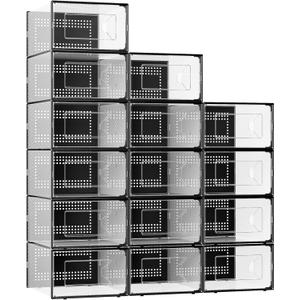 Foluck X-Large Shoe Storage Box, 15 Pack Clear Plastic Stackable Shoe Organizer for Closet, Interlocking Design Shoe Container Bins for Sneakers, Foldable Shoe Rack with Lids, Black