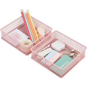 Annova Mesh Stackable Drawer Cabinet and Shelf Organizer Bins Storage Basket School Office Supply Holder Tray- Set of 2 (Light Pink, 6x6x2 Inch)