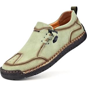 Men's Leather Hand Stitching Lace-Up Loafers Lightweight Breathable Round Toe Slip-On Flat Chukka Oxfords Driving Walking Shoes (11, Green)