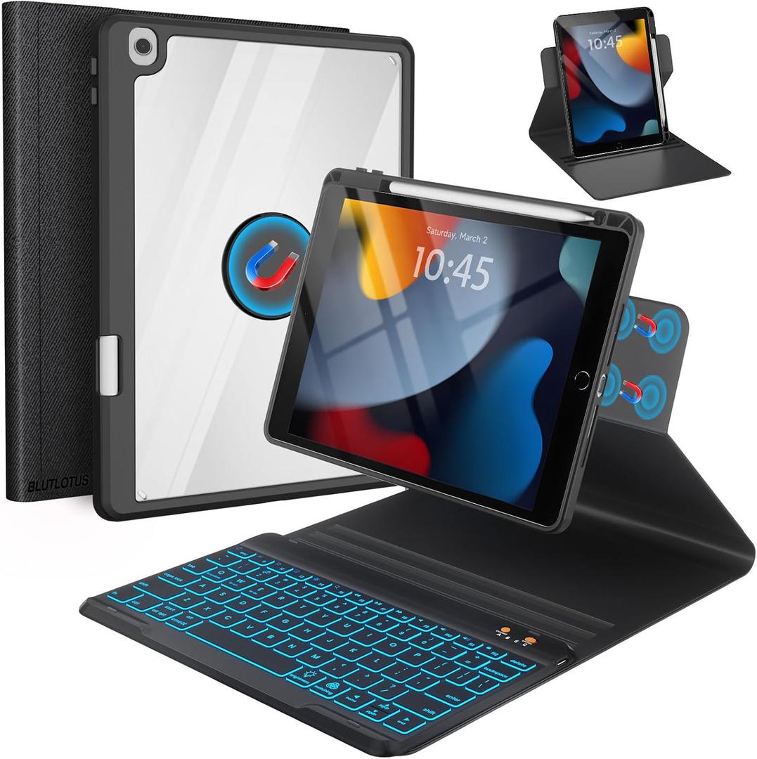 BLUTLOTUS Keyboard Case for iPad 9th/8th/7th Generation 10.2 Inch,360 Rotatable Magnetic Keyboard Case with Pencil Holder Grooves Design(2021/2020/2019),7 Color Backlit Detachable Wireless (Black)