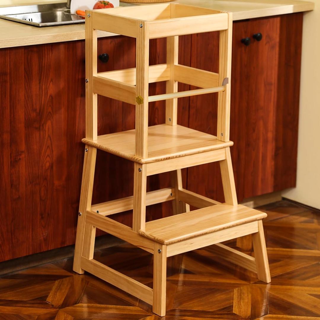 Kitchen Step Stool for Kids with Safety Rail,Toddler Standing Tower for Kitchen Counter, Baby Montessori Stool,Solid Wood Construction, Natural