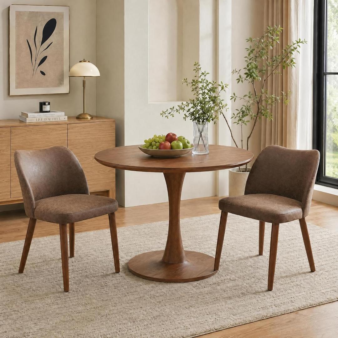 GarveeHome Leather Dining Chairs Set of 2 Upholstered PU Dining Chair with Wood Legs, Wing Backrest, Wooden Kitchen Chairs with Thick Cushions, Leveling Feet for Dining Room, Living Room, Taupe