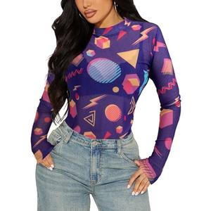 80s 90s Mesh Long Sleeve Shirt Women 90s 80s Themed Party Outfits Retro Sexy Neon Disco See Through Mock Neck Tops, Size M