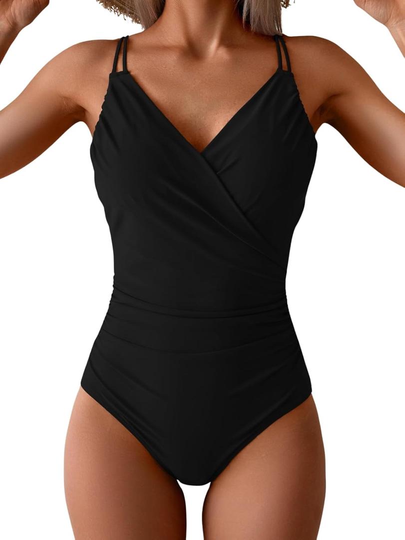 B2prity One Piece Swimsuit for Women Adjustable Double Strap V Neck Bathing Suit Tummy Control Slimming Swimwear (X-Large, Black)