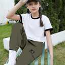 Betusline Girls 2 Piece Summer Outfits,Black Simplicity Cute Short Sleeve Crop Tops + Green Cargo Jogger Pants Clothes,7-8 Years 