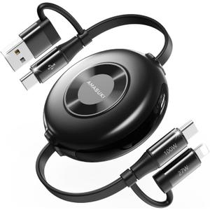 2Pack 100W Retractable Car Charger 4 in 1 Travel Essentials Multi Charging Cable USB C/L Fast & Carplay for iPhone 16/15/14/13 iPad MacBook Samsung S24/S23+ Multiple Chargers for All Devices-2.95ft