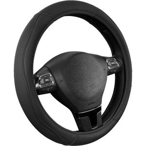 Road Comforts Leather Steering Wheel Cover with Decorative Trim and Piping, Anti-Slip Breathable Design, Fits 14.5–15 Inch Round Steering Wheels, Snug Fit, Stylish Interior Upgrade - Black