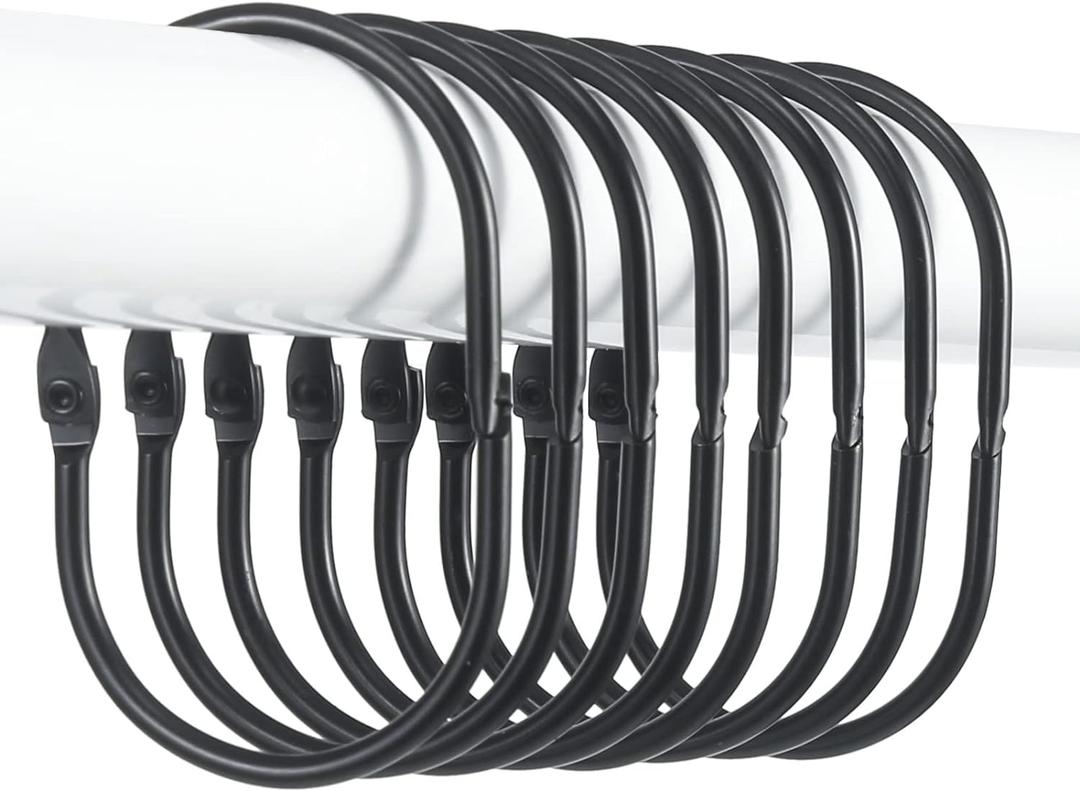 Goowin Shower Curtain Rings, 10 Pcs Shower Curtain Hooks, Oval Snap Shower Rings for Curtain, Metal Black Shower Curtain Rings Rust Proof, Glide Smoothly Shower Hooks for Shower Curtain Rod (Black)