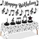 Music Party Decorations Black Musical Note Happy Birthday Bunting Banner Notes Tablecloth and 5Pcs Table Honeycomb Centerpieces Decor for Girls Kids Adults Music Themed Birthday Wedding Party Supplies