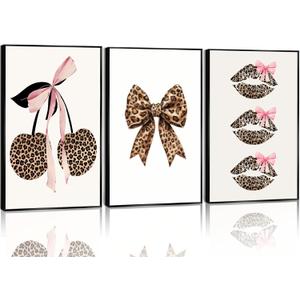 YZLYAD 3Pcs Trendy Leopard Print Wall Art,Fashion Bow Cherry Lips Y2k Poster Pictures,Stylish Preppy Aesthetics Girls' Rooms Canvas Wall Decor for Bedroom Dorm Apartment.24x16in Unframe