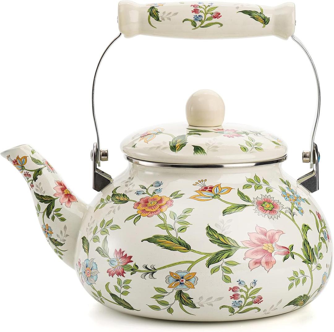 Jucoan 2.6 Quart Vintage Enamel Tea Kettle, Green Floral Enamel on Steel Teapot with Cool Touch Porcelain Handle for Stovetop Home Kitchen Decor, Gift for Housewarming Christmas New Year (Silver)