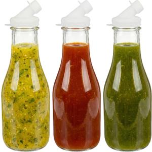 kitchentoolz 3 Pack  32oz Tall Glass Salad Dressing Shaker Bottles  Salad Dressing Dispenser Containers for Marinades, Sauces, and Oil Blends with Tamper-Proof Lids (White Spout)