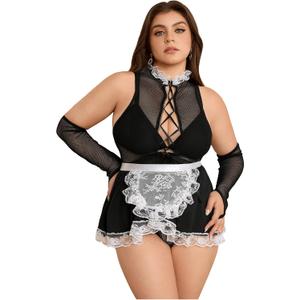 WDIRARA Women's Plus Size 6 Piece Lace Trim Hollow Out Maid Costume Naughty Lingerie Set
