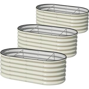 SnugNiture 3 Pcs 4x2x1.5ft Raised Garden Bed Outdoor, 17" Tall Galvanized Metal Planter Box, Oval Raised Garden Bed Kit for Planting Vegetables Plants Fruits, Beige White