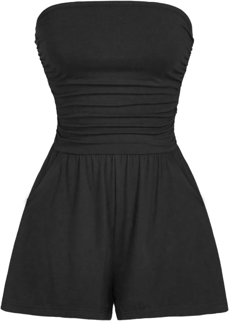 AUXDIO Women Summer Casual Strapless Romper Sleeveless Off Shoulder Short Jumpsuits 2026 Beach Vacation Clothes (Black, S)