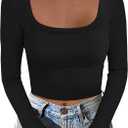 ANRABESS Women's Long Sleeve Square Neck Crop Top Ribbed Slim Fitted Basic Tee Layer Y2K Shirts Fall Fashion Outfits 2025 (Black, Small)