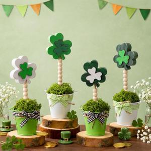 4 Pcs St. Patrick's Day Shamrock Potted Plants, Wooden Shamrock Artificial Potted Decor, Clover Table Plant Centerpiece Sign for Home Office Irish Party Desk Mantle Shelf Decoration
