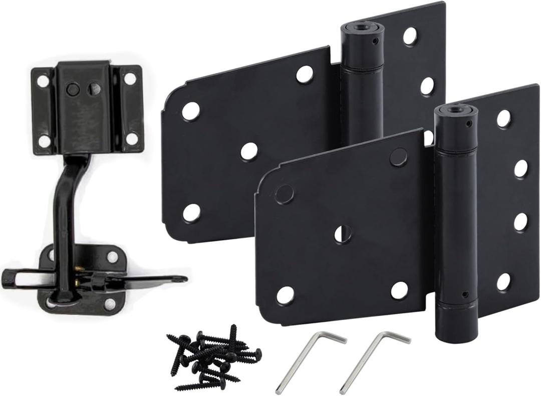HOME MASTER HARDWARE Self-Closing Gate Kit Black - 3.5 in Spring Tee Hinges 2 Pack + Self-Adjusting Gate Latch 1 Pack