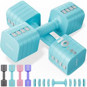 FEIERDUN 5-in-1 Adjustable Dumbbell Set of 2 Hand Weights for Women, 1s-Adjust Dual-Stable Dumbbell Set for Women Home Gym & Outdoor, 10LBS Pair (20LBS Total), C-Mint Blue