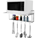 QWORK Microwave Oven Rack Shelf, Wall Mount Electric Oven Holders, Aluminum Double-Layer Microwave & Spice Rack, 2 Shelves with 10 Hooks, Support Load 88lbs, 21.65"x15"x9.84"