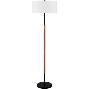 Henn&Hart 2-Light Floor Lamp with Fabric Shade in Blackened Bronze/Rustic Oak/White, Floor Lamp for Home Office, Bedroom, Living Room, 61" Tall