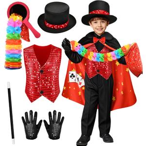 Latocos Kids Magician Costume Boys Girls Magic Kits with Vest Bag Zipper Gloves Hat Cape Wand Halloween Dress Up