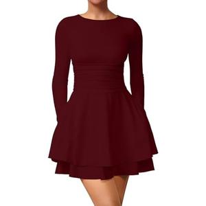 XXTAXN Women's Sexy Crew Neck Long Sleeeve Flowy Hem Cocktail Club Corset Mini Dress with Side Pocket L