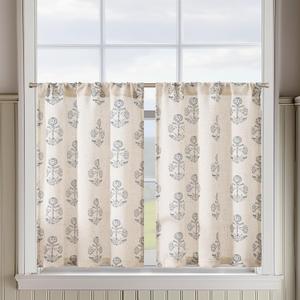 jinchan Linen Kitchen Curtains 36 Inch Floral Tier Curtains Farmhouse Cottage Core Flax Cafe Rod Pocket Country Small Window Drapes for Laundry Room Bathroom RV 2 Panels Blue on Beige