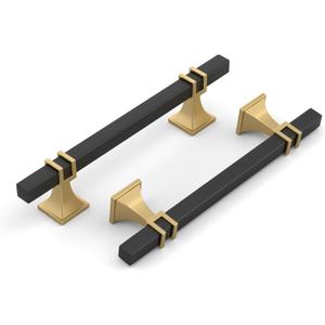 Haliwu 6 Pack 5 Inch Black and Gold Cabinet Pulls Matte Black Drawer Handles Square 2 Tone Hardware for Kitchen Cupboard (128mm(5 inch)-Hole Center Spacing, Black and Matte Gold)