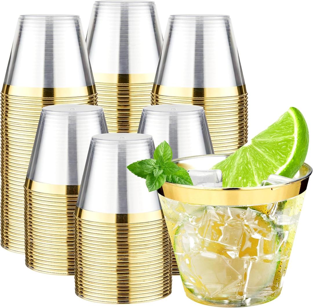 RACETOP 9 oz 200 Pack Plastic Cups with Gold Rim, Disposable Gold Rim Clear Plastic Cups for Parties, Gatherings, Weddings, and Festival Events