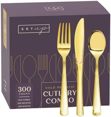 SETUP [300 Count] Disposable Silverware, Gold Combo Cutlery - 100 Forks, 100 Spoons, 100 Knives - Heavy Duty, and Durable Gold Plastic Silverware Set Great for Parties, Events and Everyday use