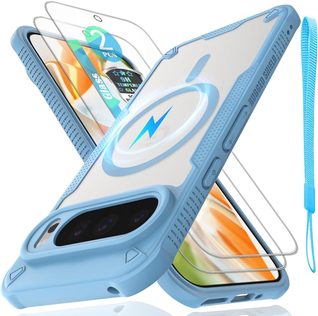 for Google Pixel 9 Pro Case with Magsafe Magnetic Slim Shockproof Protective Case,Translucent Matte Back with Lanyard Strap and 2 * 9H Tempered Glass Screen Protector Phone Cover 6.3-inch-Blue