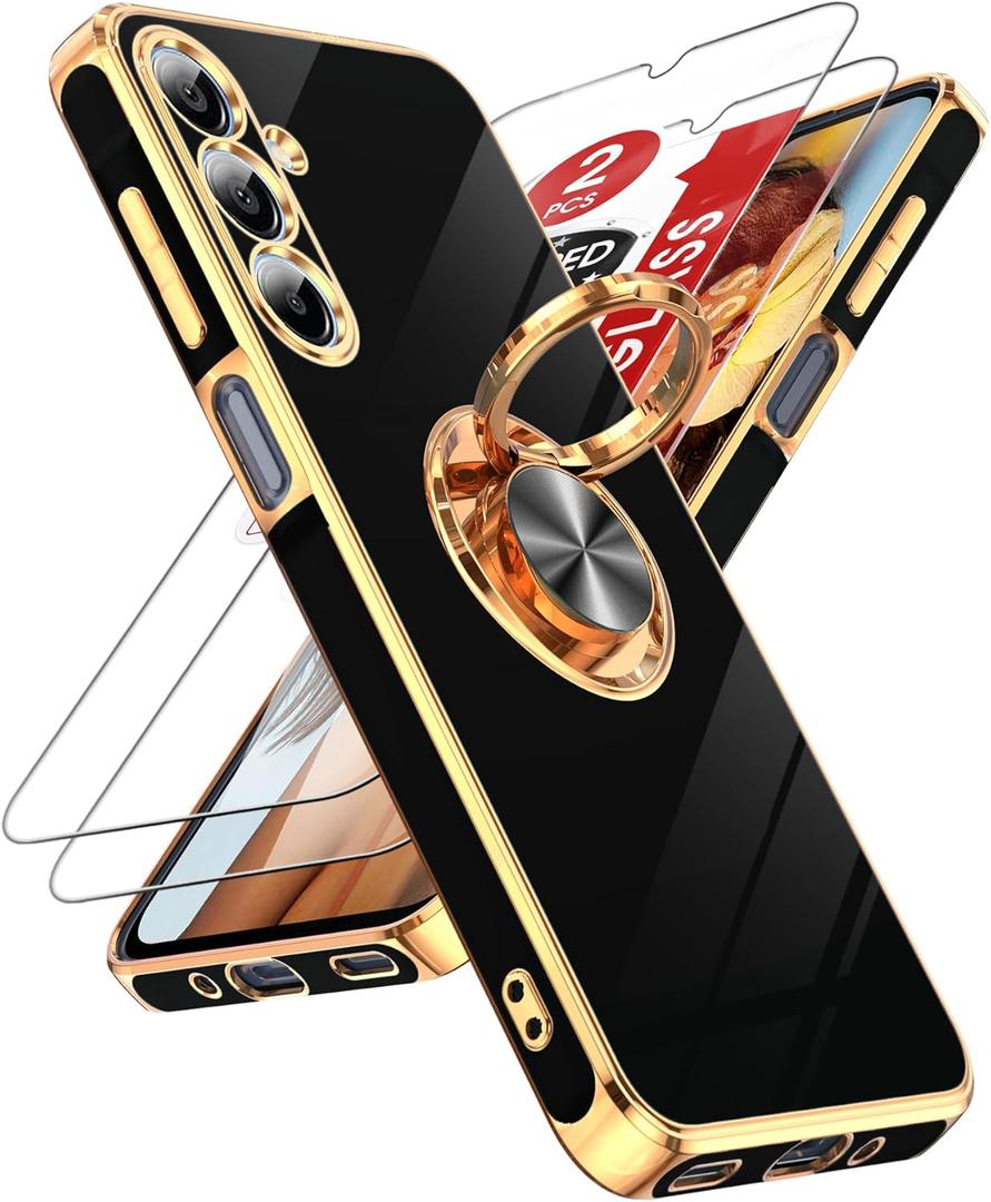 LeYi for Galaxy A16-5G Phone Case: 2 Pack Tempered Glass Screen Protector and 360 Rotatable Ring Holder Magnetic Kickstand, Plating Rose Gold Edge para Samsung A 16 5G, Black