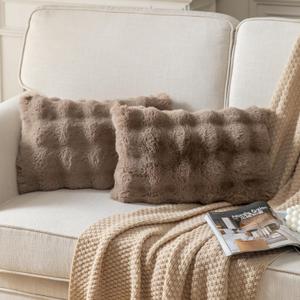 Pack of 2 Thick Plush Throw Pillow Covers Fluffy Wave Faux Fur Decorative Cushion Covers Soft Wool Pillowcase for Sofa Couch Livingroom 12x20 Inch Taupe