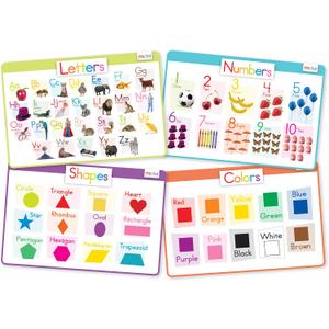 merka Silicone Learning Placemats for Toddlers - 4-Pack, 17 x 11 in, Multicolor - Reusable & Washable Mealtime Mats with Spill-Resistant Backing, Letters, Numbers, Shapes & Colors