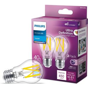 PHILIPS LED 40W A15 2-Pack Ultra Definition Daylight (5000K) 450 Lumen (5W = 40W) Dimmable Clear Flicker-Free Light Bulbs PHILIPS LED 40W A15 2-Pack Ultra Definition Daylight (5000K) 450 Lumen (5W = 40W) Dimmable Clear Flicker-Free Light Bulbs