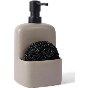 BosilunLife Dish Soap Dispenser - Matte Silver Grey Ceramic Kitchen Soap Dispenser with Sponge Holder Matte Ceramic Soap Daddy Dispenser 20oz for Kitchen Soap Pump and Sponges Caddy