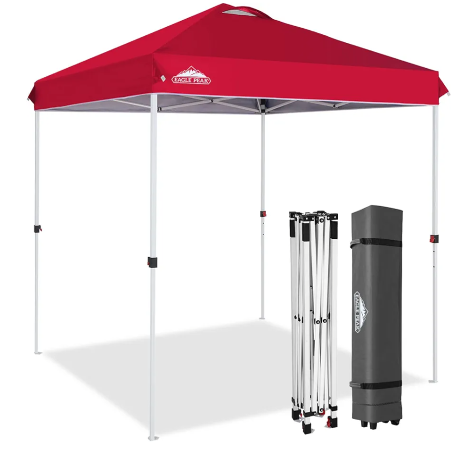 EAGLE PEAK Pop Up Canopy Tent with Wheeled Carry Bag, 8 Stakes, 4 Ropes, Easy Set Up Tent Canopy, 6.6x6.6 ft, Red