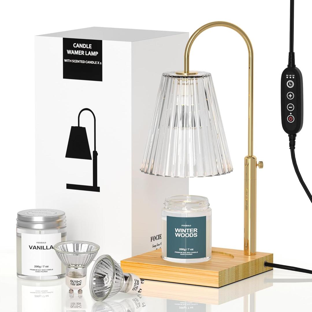 Candle Warmer Lamp with Timer & Dimmer Plus 2 Jar Scented Candles, Electric Farmhouse Wax Lamp Warmer Height Adjustable with 2 Bulbs, Vintage Home Decor Gifts for Housewarming/Birthday/Mom (Natural)