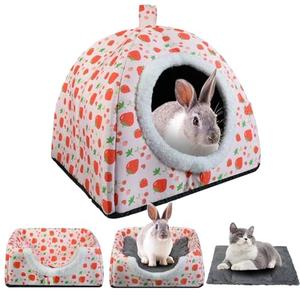 Warm Rabbit Hideout, Washable Bunny Bed & Hideaway House with Strawberry Design, Cozy Fleece Hut for Indoor Rabbits Guinea Pigs and Other Small Animals