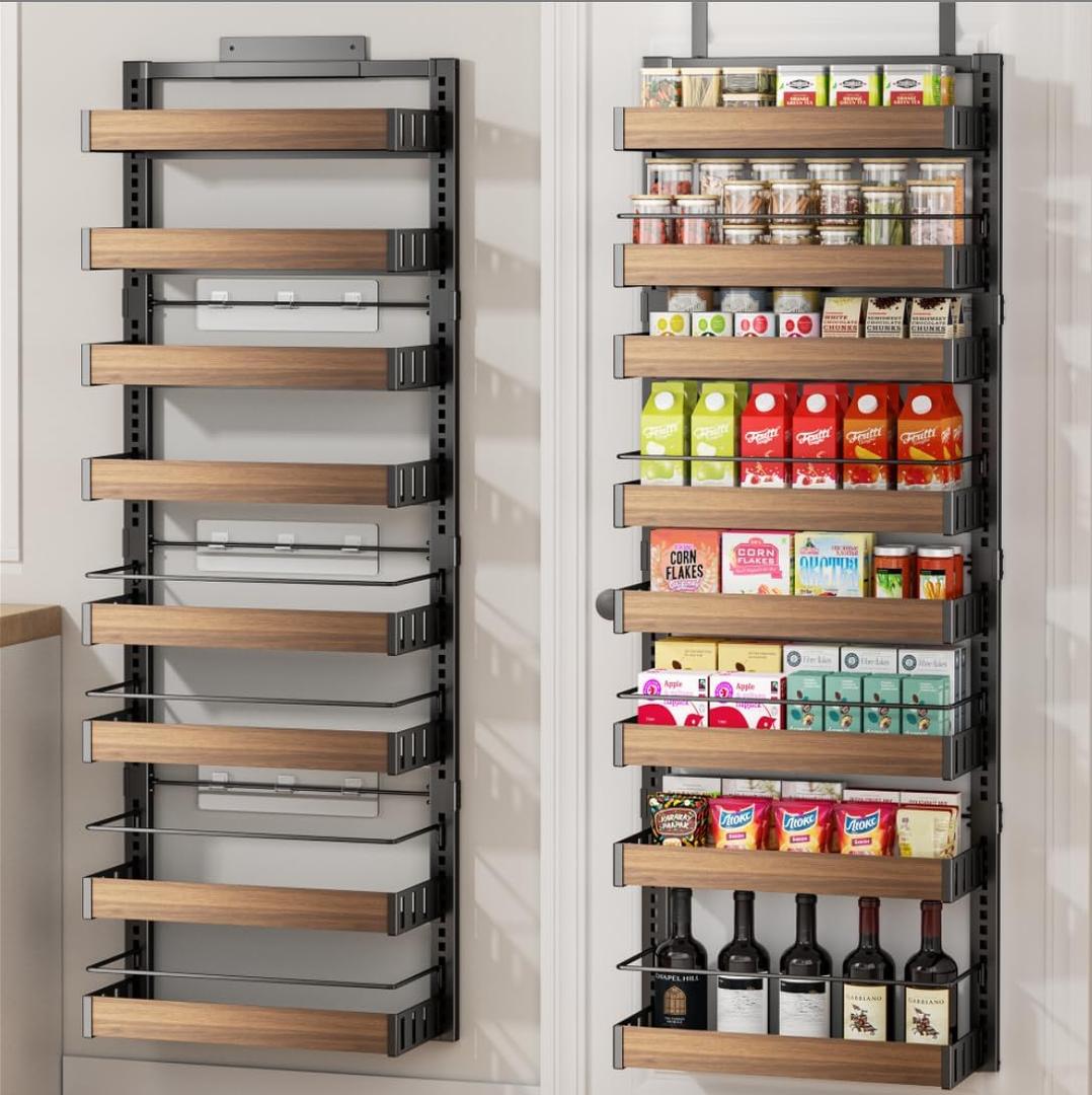 POKIPO 8 Tier Over The Door Pantry Organizer, 2 IN 1 Wall Mount or Hanging Spice Rack Seasoning Shelves with Adjustable Basket, Back of Door Organizer and Storage for Kitchen Cabinet and Room Closet (Black)
