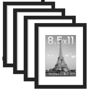 upsimples 8.5x11 Picture Frame Set of 4, Display Pictures 6x8 with Mat or 8.5 by 11 Without, Wall Gallery Photo Frames, Black