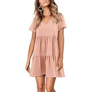 Amoretu Womens Tunic Dress Casual Short Sleeve Vacation Flowy Swing Shift Dresses, Spring, Summer, 2025 (Pink, M)