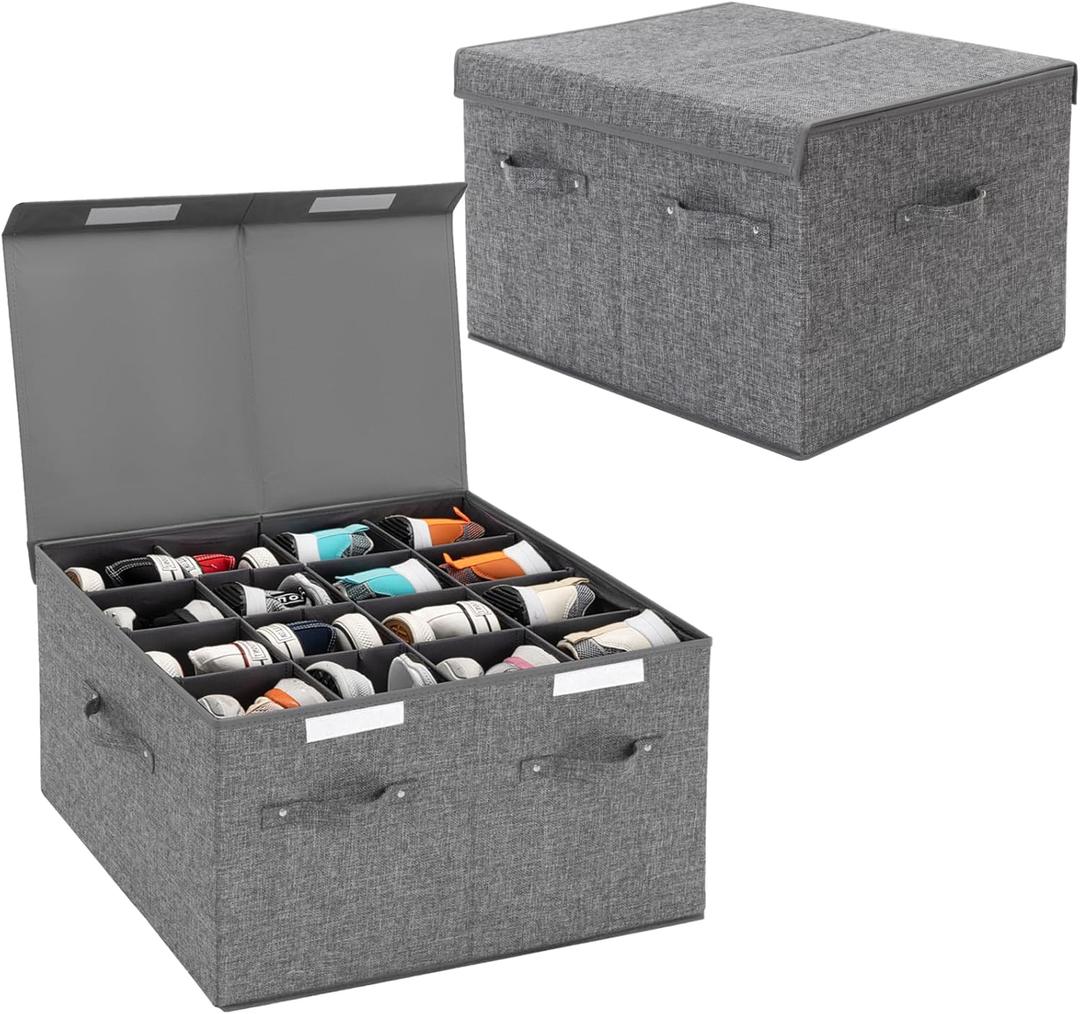 2 Pack Shoe Storage Box Fits 32 Pairs, Large Shoe Organizer with Lid and Adjustable Dividers for Closet, Shoes, Sneakers and High Heeled, Foldable and Stackable (Grey) 21 x 17 x 13 in/53 x 43 x 33 cm