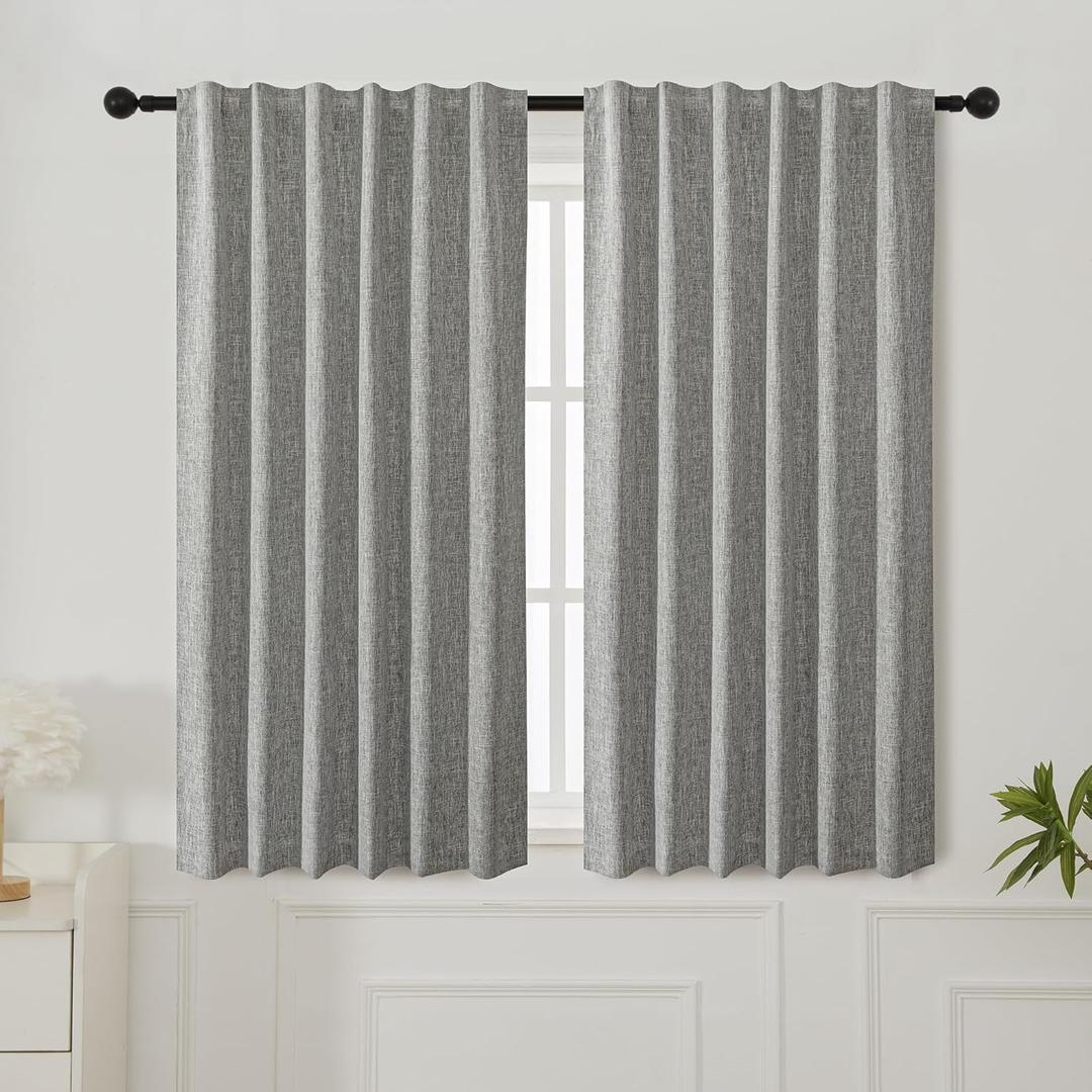 INLINAS Linen Bamboo Knots Texture Blackout Curtains - 100% Light Blocking, Noise Reducing Triple Layer Fabric Back Tab and Rod Pocket for Bedroom, Set of 2, Light Grey, 52 x 63 Inch